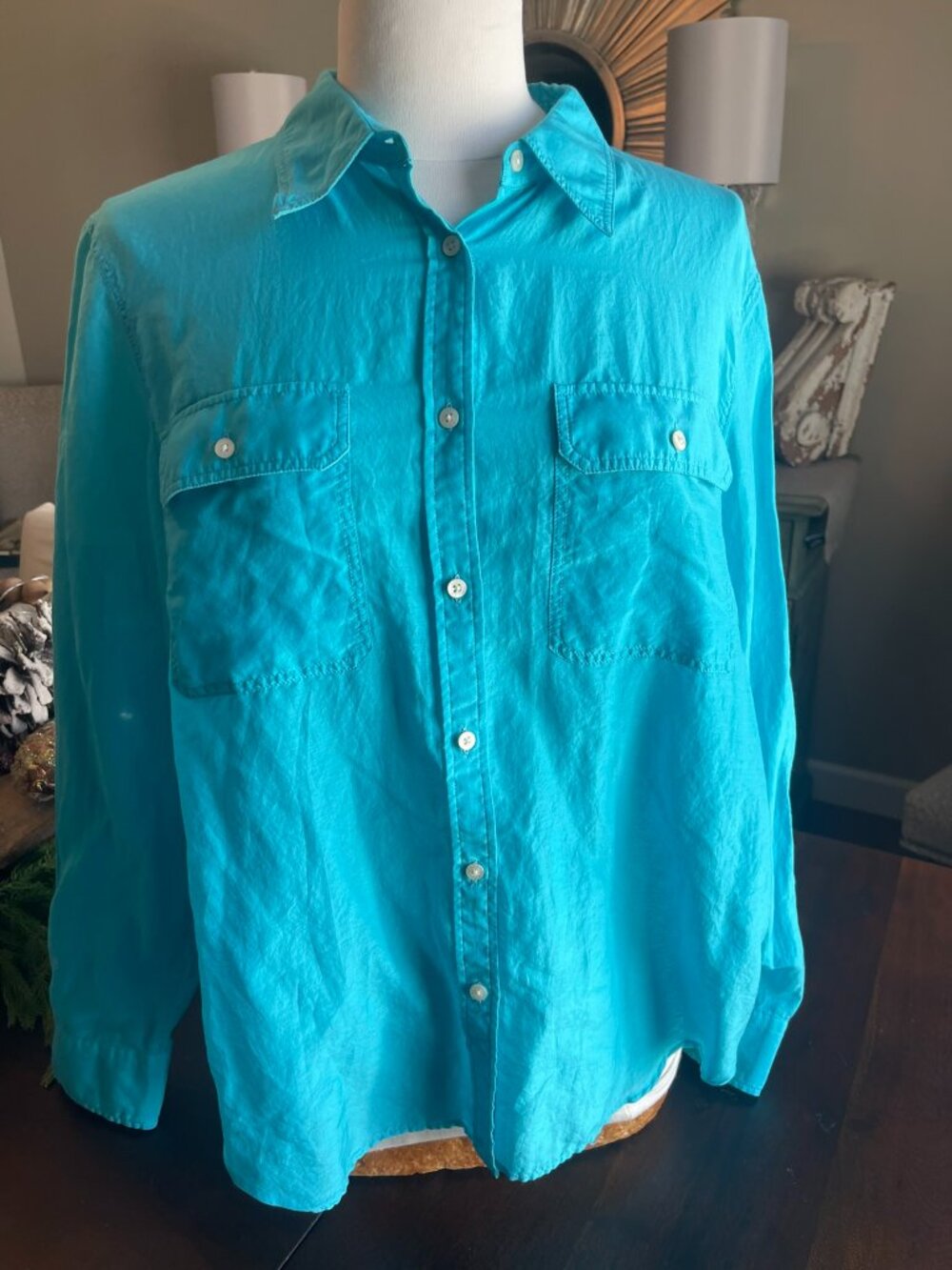 Lauren Ralph Lauren Turqoiuse Blue Silk & Cotton Button Up Shirt Sz Xl